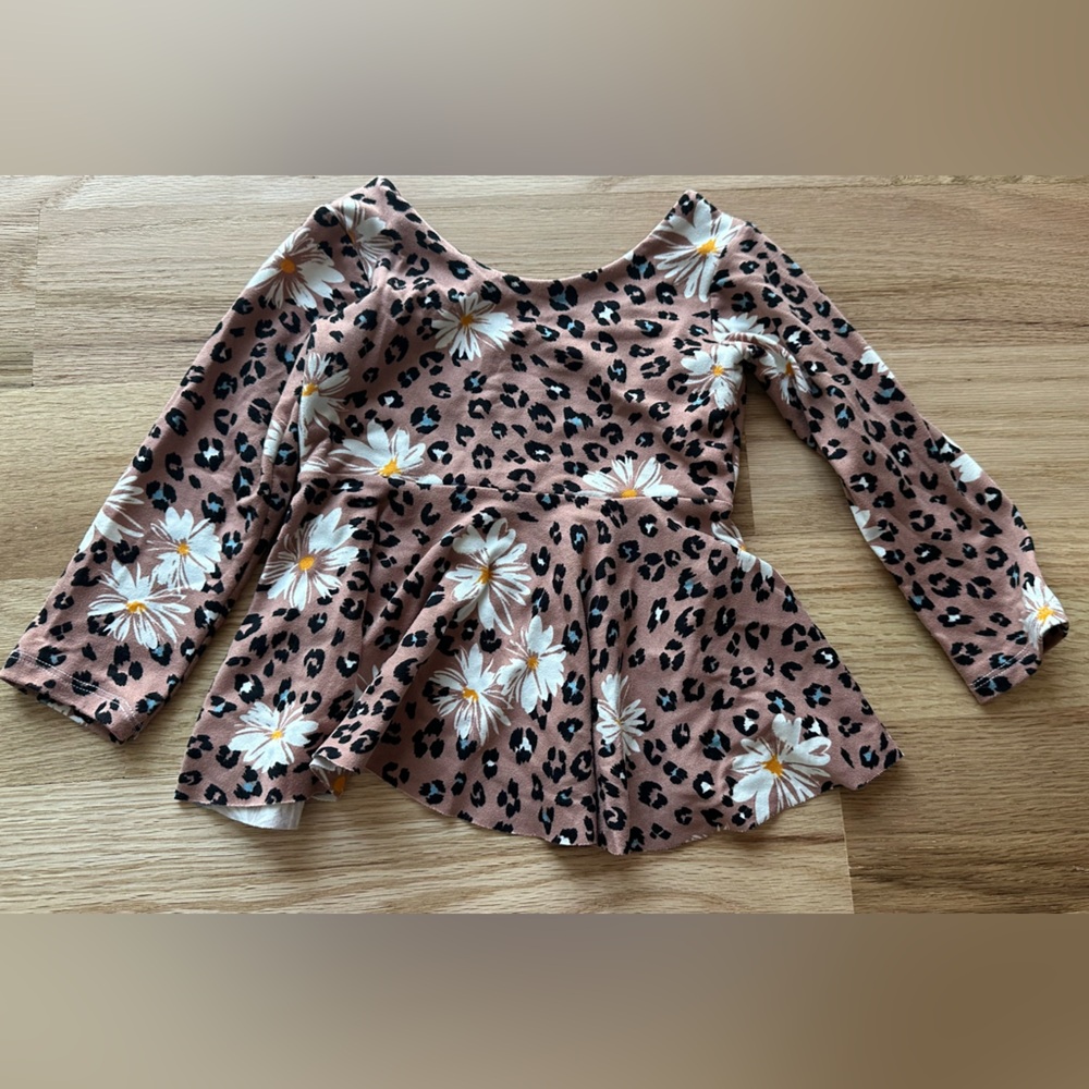 Handmade- Toddler Leopard and Daisy Print Long Sleeve Top with Scoop back